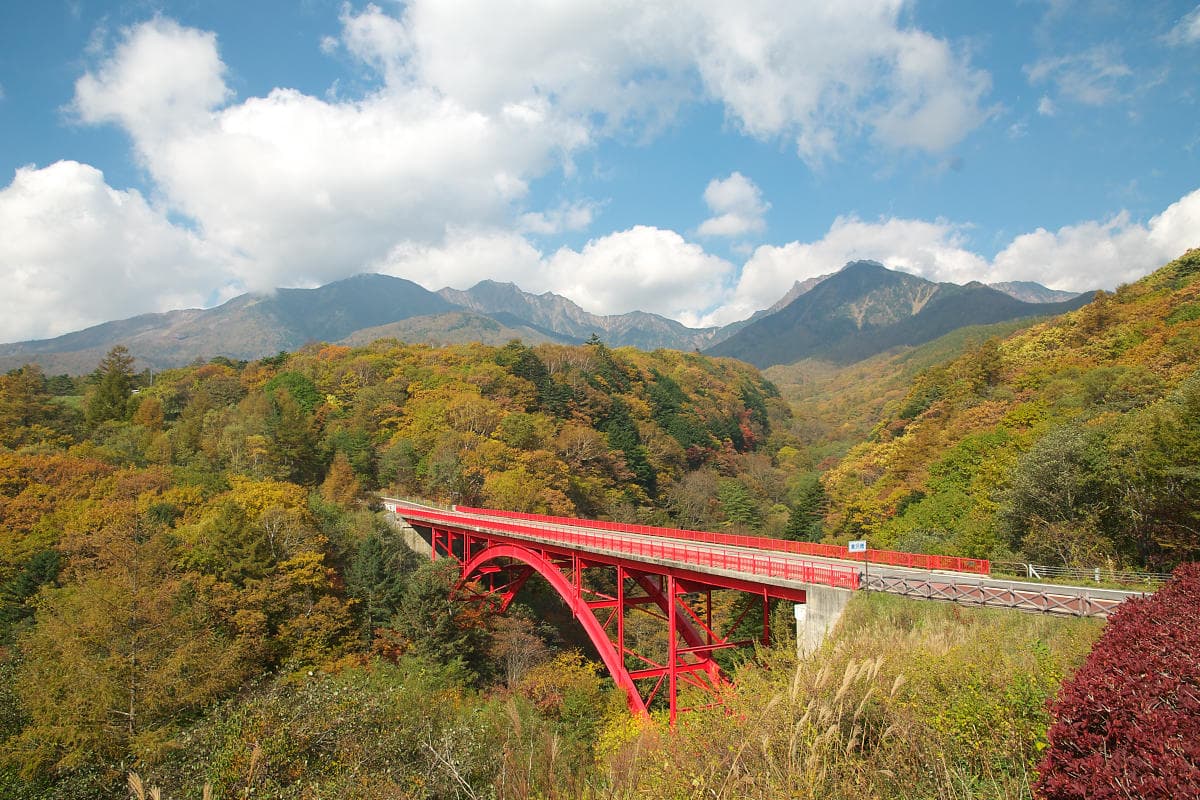 八ヶ岳を背景にした東沢大橋の景色